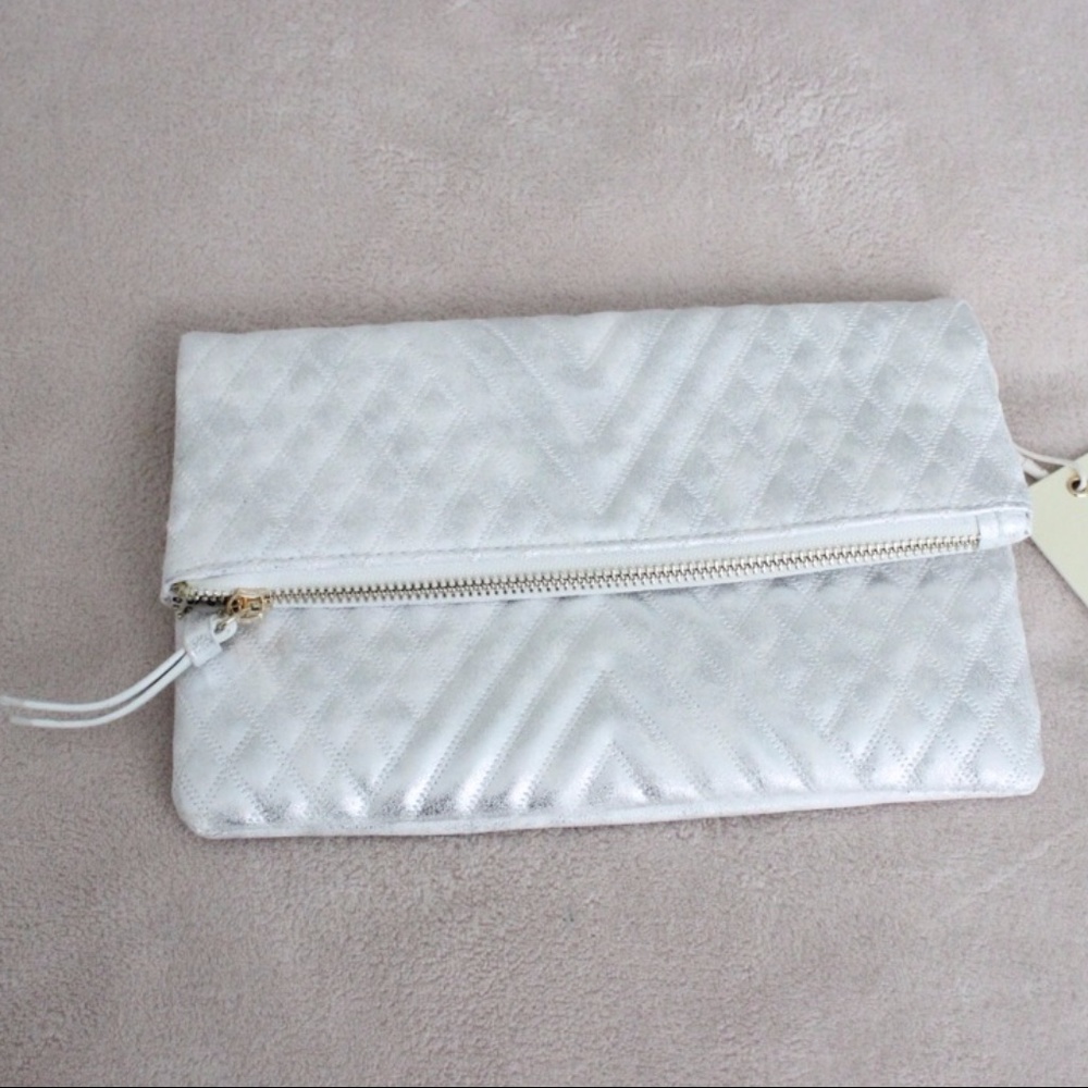 Silver Quilted Clutch With Chain Shoulder Strap